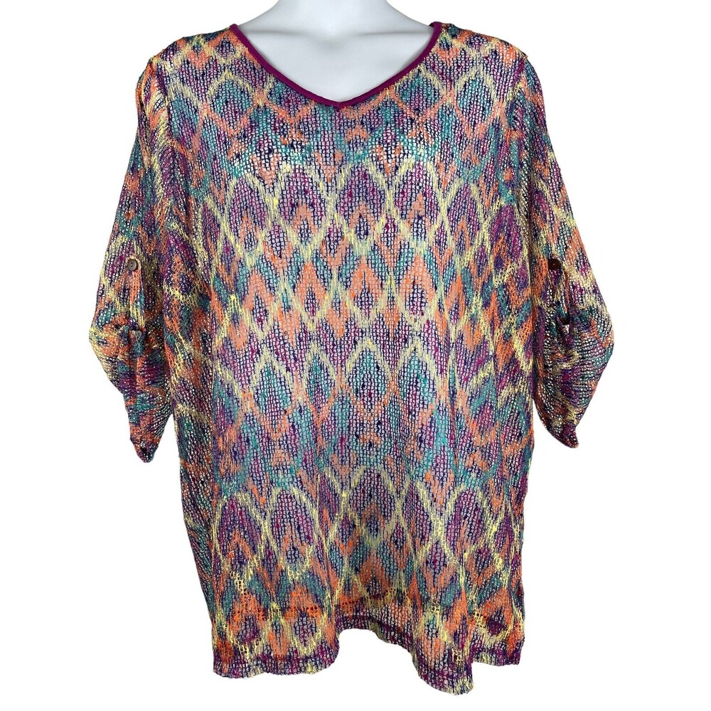 Mirror Image Multicolor V-neck Roll Tab 3/4 Sleeve Mesh See Through 3x Top NWT